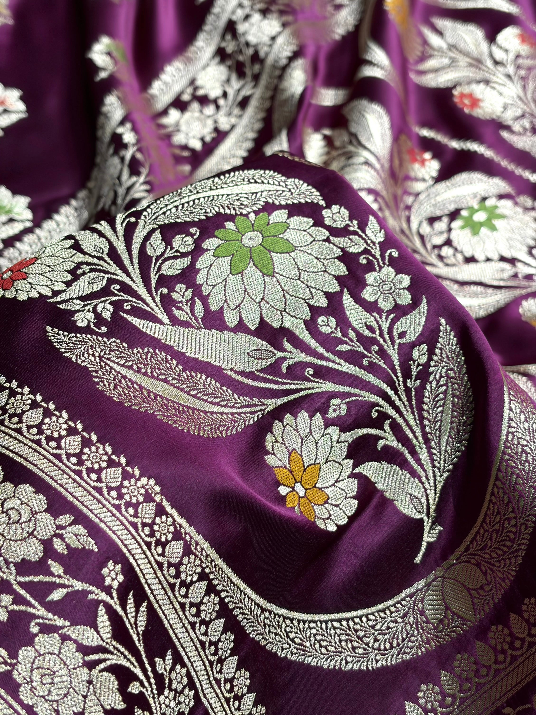 Premium Banarasi Satin Katan Saree With Minakari Boota in Wine Shades SK112