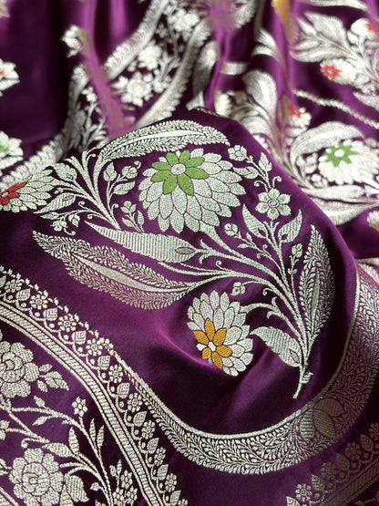 Premium Banarasi Satin Katan Saree With Minakari Boota in Wine Shades SK112