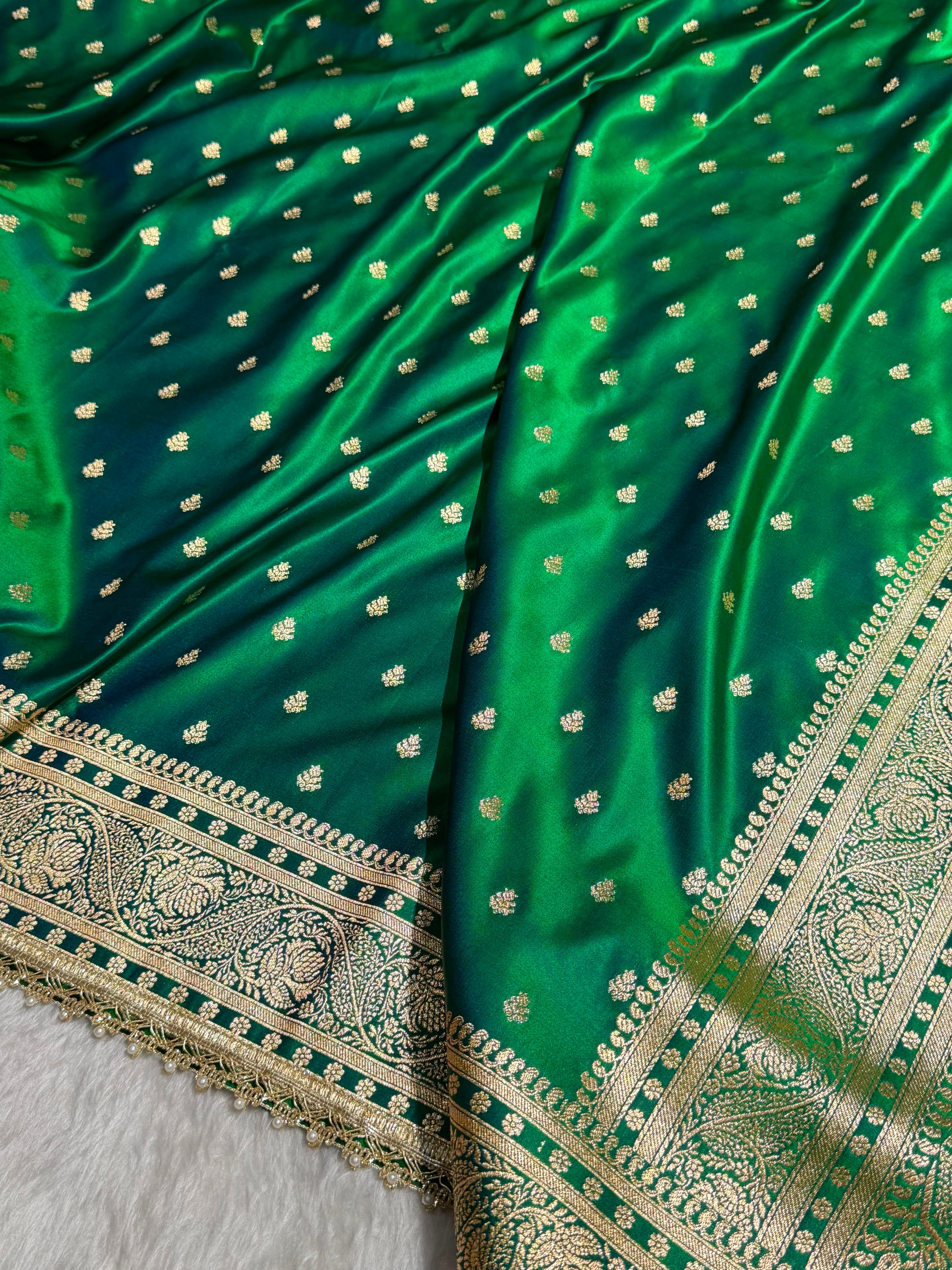 Cross Green Floral Pattern With Gotta Patti Satin Katan Silk Saree SKGP78