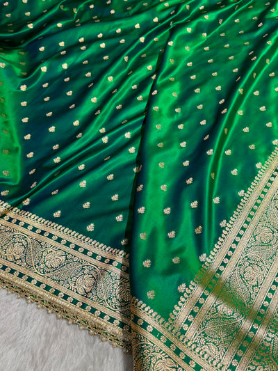 Cross Green Floral Pattern With Gotta Patti Satin Katan Silk Saree SKGP78