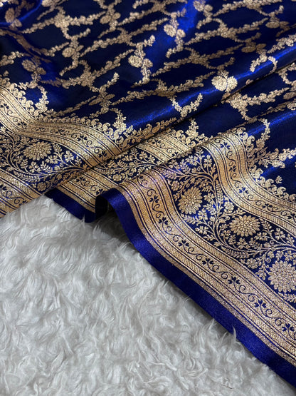 Royal Blue Shades Cross Pattern Banarasi Satin Silk Saree SS40