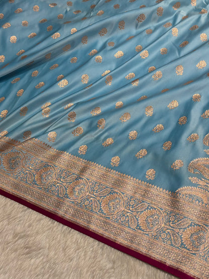 Floral boota Satin katan Silk Saree In Sky Blue Shades SK12