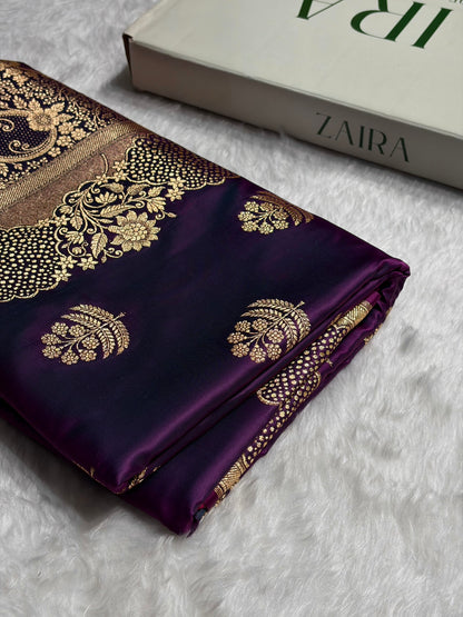 Wine Unique Boota Pattern Satin Katan Silk Saree SK70