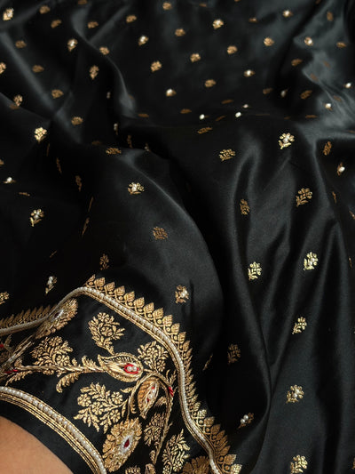 Black Floral Pattern With Aari Zardozi Moti Work Satin Katan Silk Saree BSK77