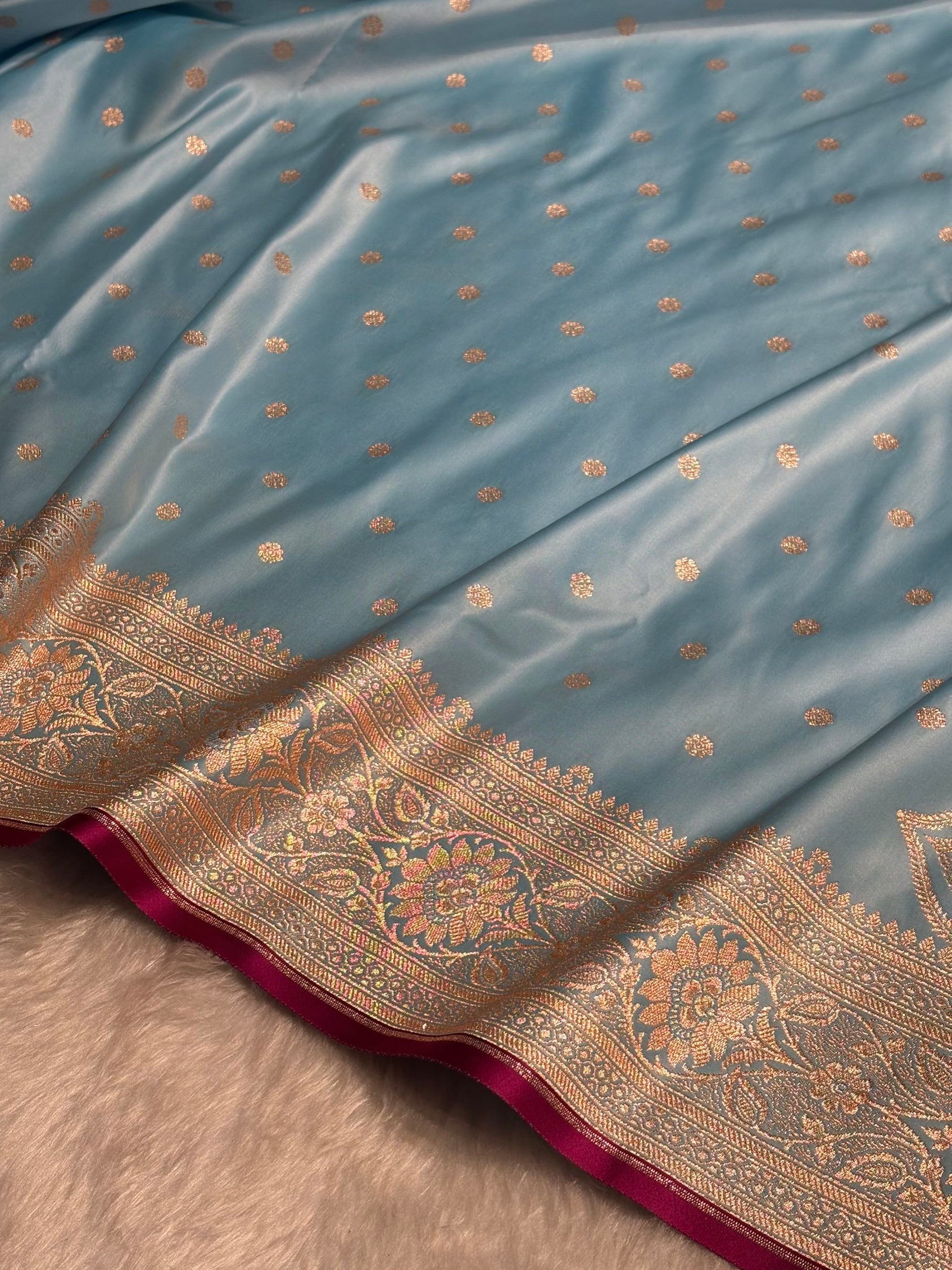 Sky Blue Booti Satin katan Silk Saree SK11