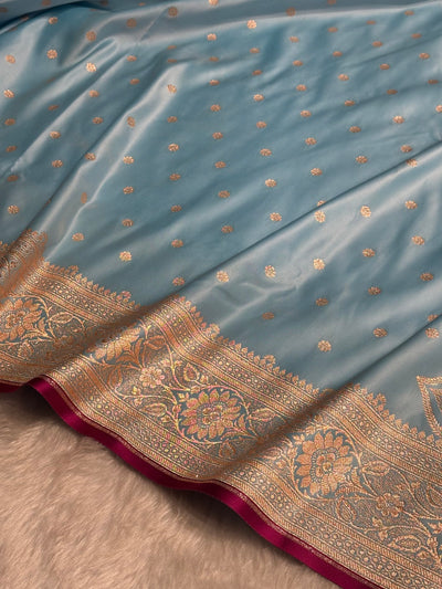 Sky Blue Booti Satin katan Silk Saree SK11