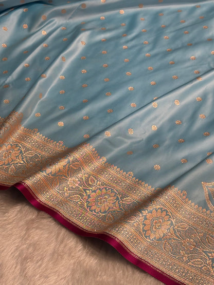 Sky Blue Booti Satin katan Silk Saree SK11