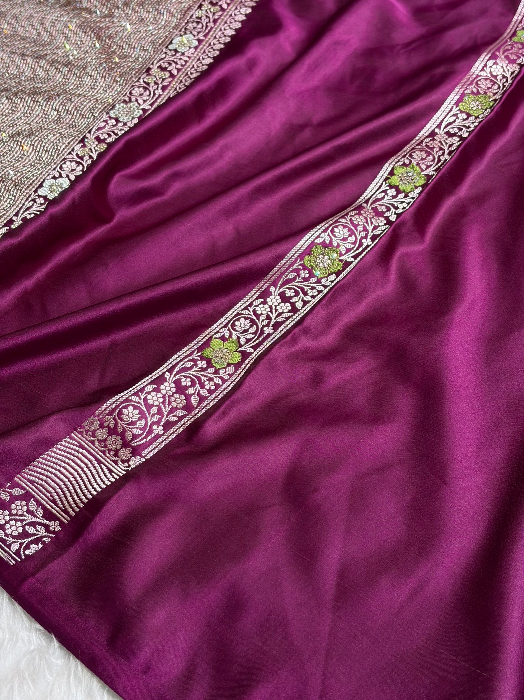 Premium Banarasi Satin Katan Saree Swarovski Work Minakari Booti Pattern in Wine Shades BSK04