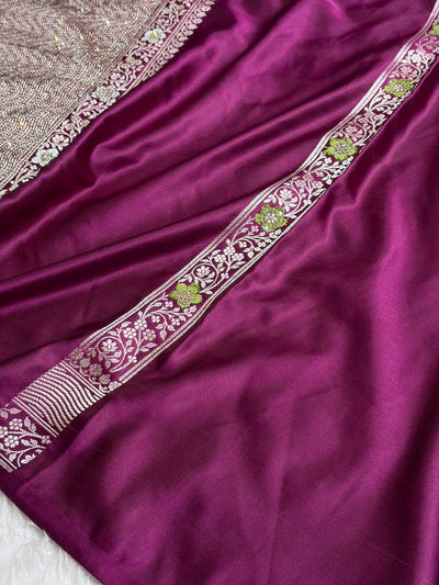 Premium Banarasi Satin Katan Saree Swarovski Work Minakari Booti Pattern in Wine Shades BSK04