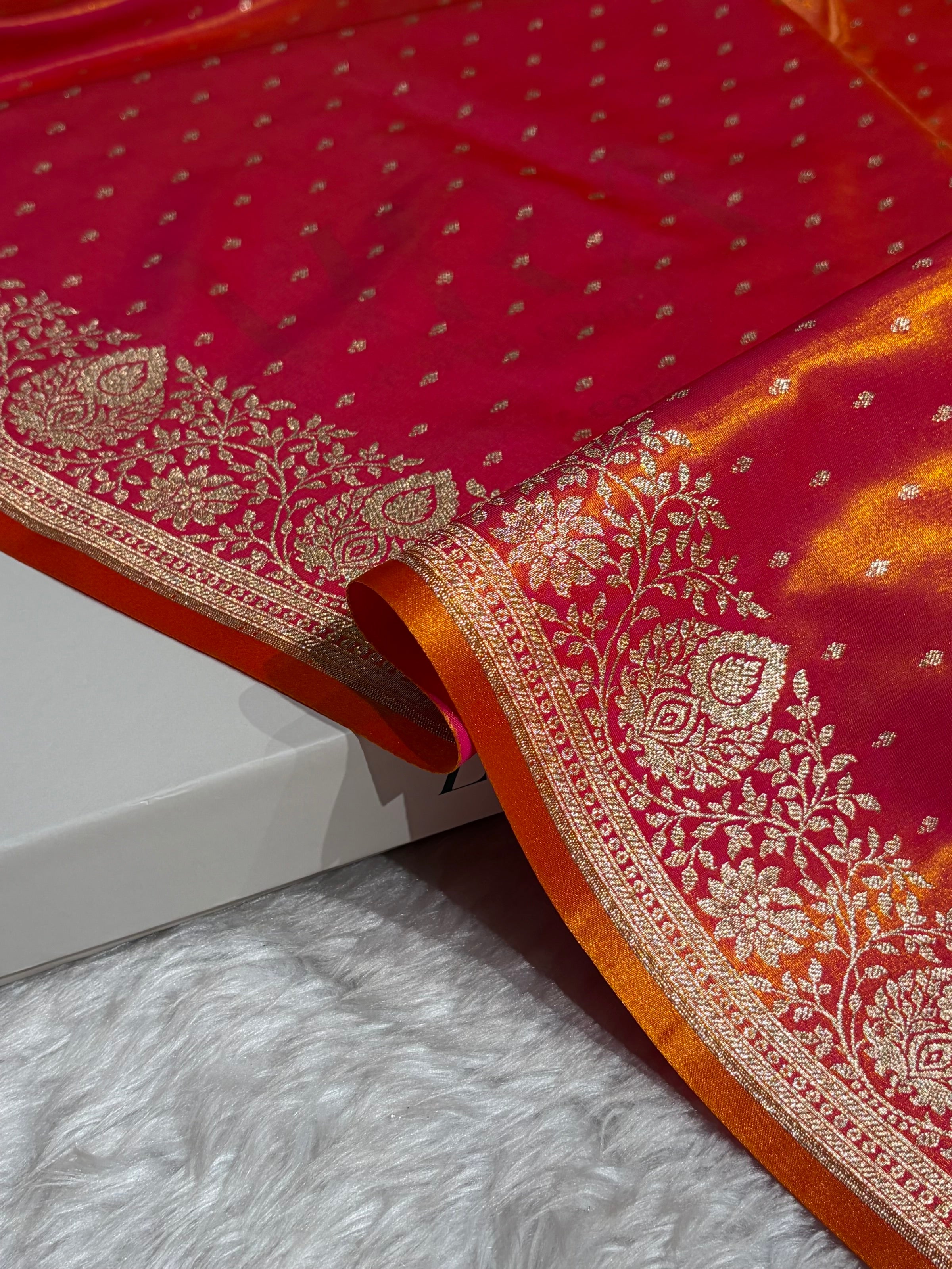 Satin Silk Saree Floral Boota in Pinkish Orange Shades SS28