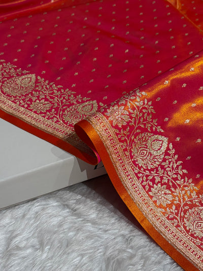 Satin Silk Saree Floral Boota in Pinkish Orange Shades SS28