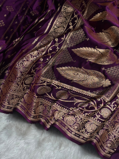 Wine Floral Boota Pattern Satin Katan Silk saree SK39