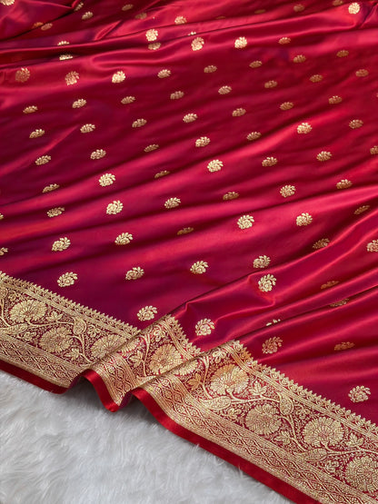 Magentic Red Floral Boota Pattern Satin Katan Silk Saree SK72