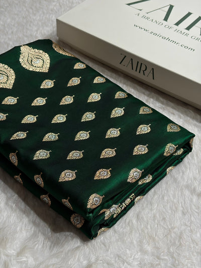 Banarasi Bottle Green Shades Minakari Booti Pattern Banarasi Satin Silk Saree SS60