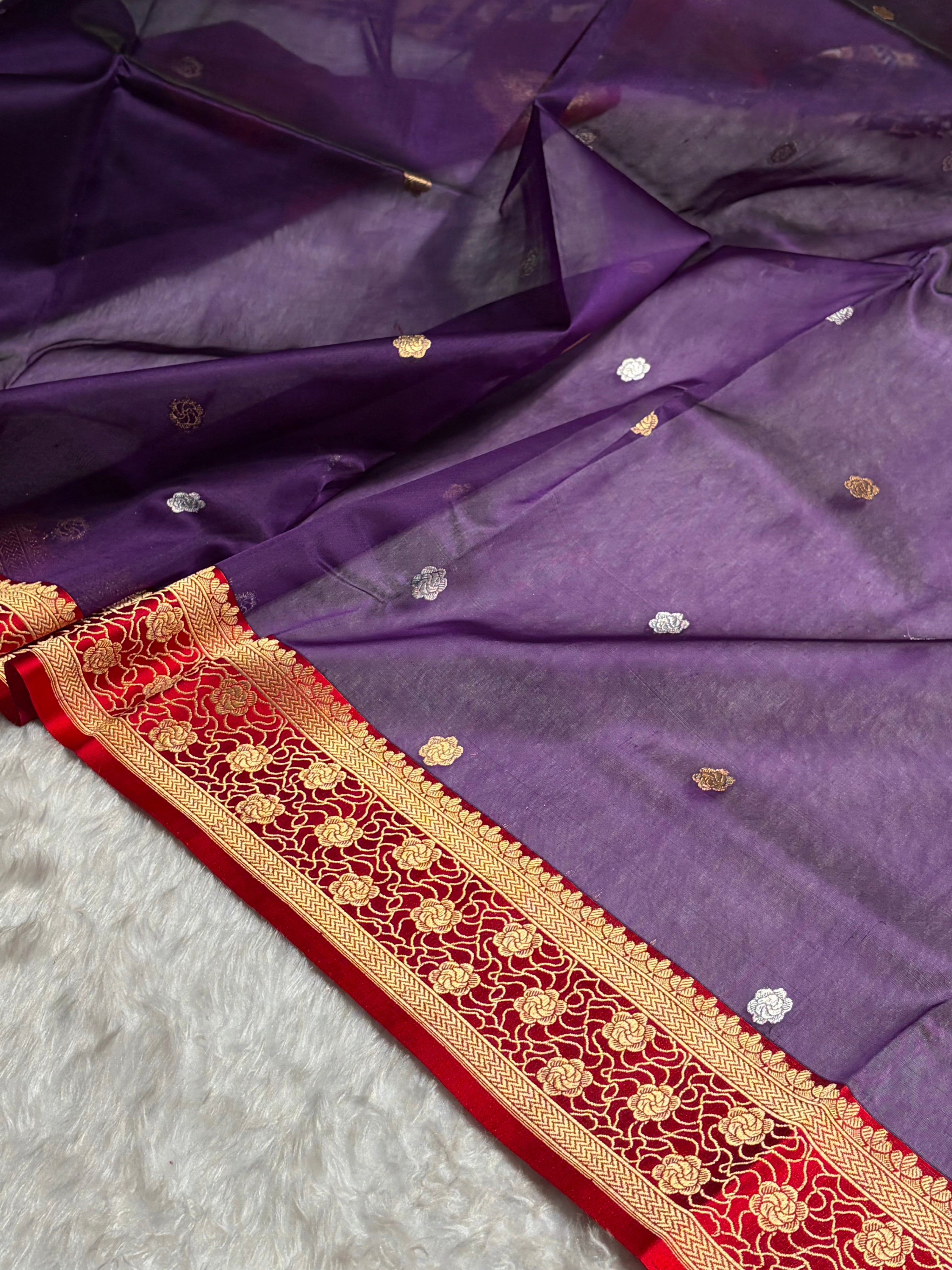 Contrast Banarasi Pure Organza Purple With Red Floral Banarasi Silk Saree PO-10