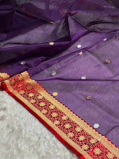 Contrast Banarasi Pure Organza Purple With Red Floral Banarasi Silk Saree PO-10