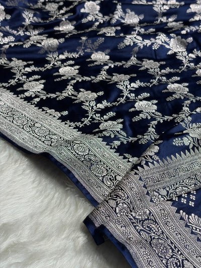 Navy Blue Floral Jaal Mashru Silk Saree  MCS28