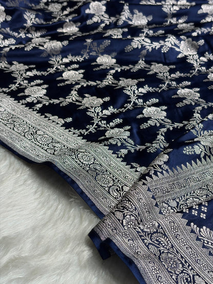 Navy Blue Floral Jaal Mashru Silk Saree  MS28