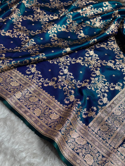 Peacock Shades Jaal Pattern Banarasi Satin Silk Saree SS48