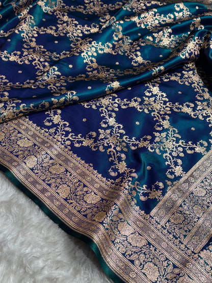 Peacock Shades Jaal Pattern Banarasi Satin Silk Saree SS48