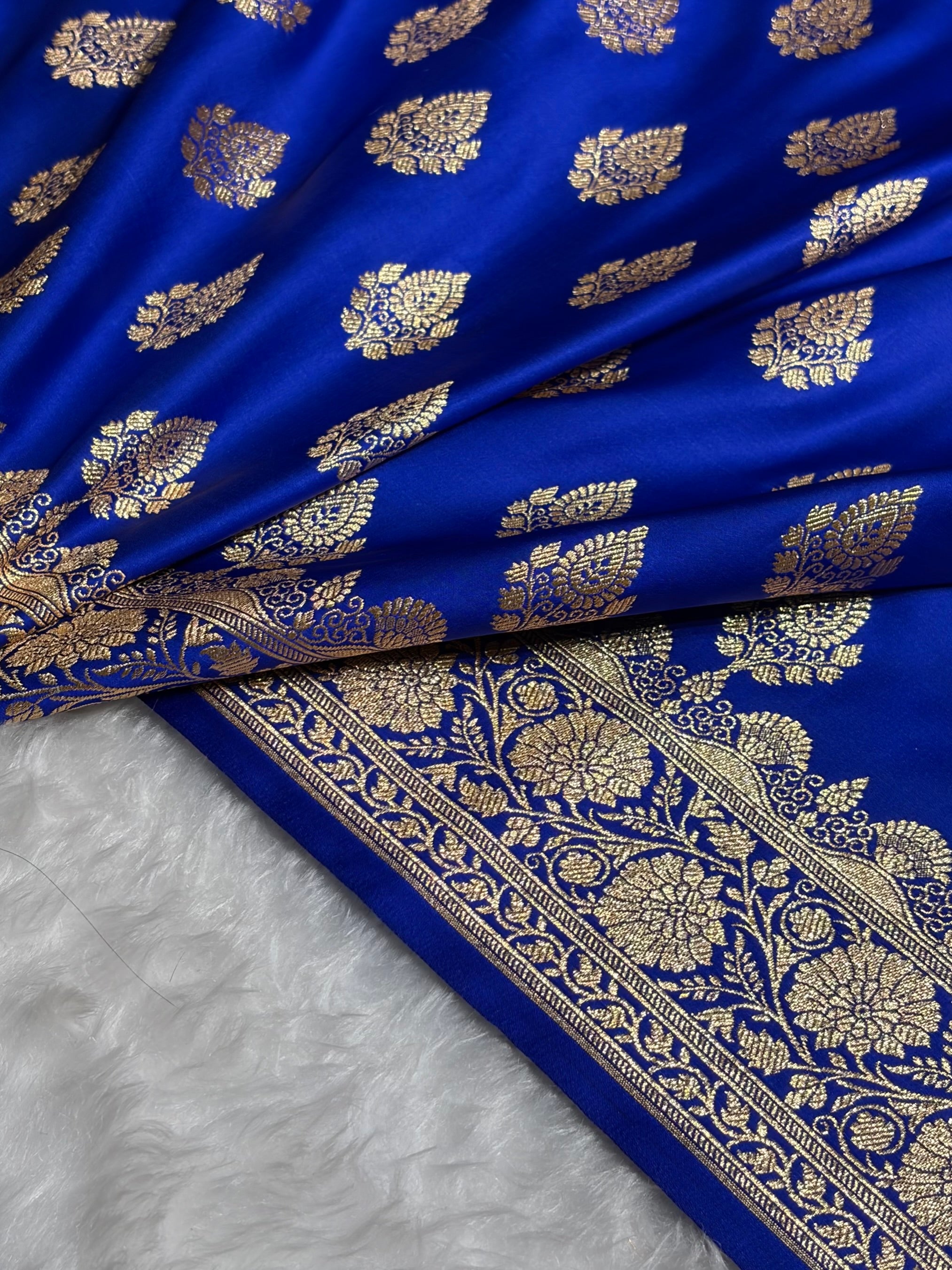 Royal Blue Floral Boota Pattern Satin Katan Silk saree SK45