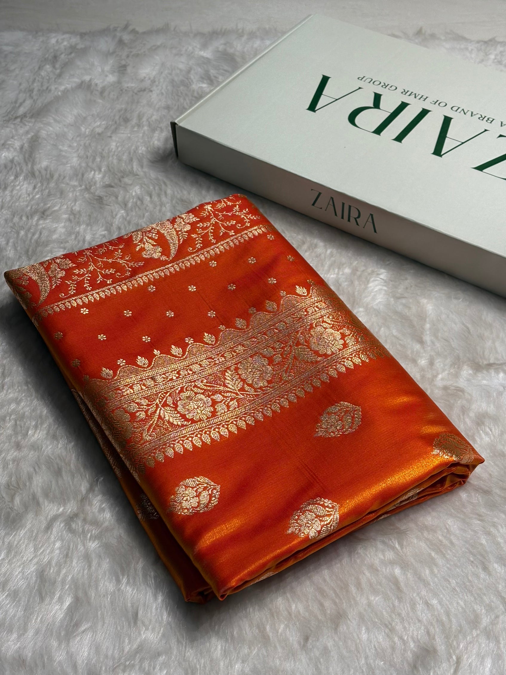 Satin Silk Saree Booti Motif in Orange Shades SS20