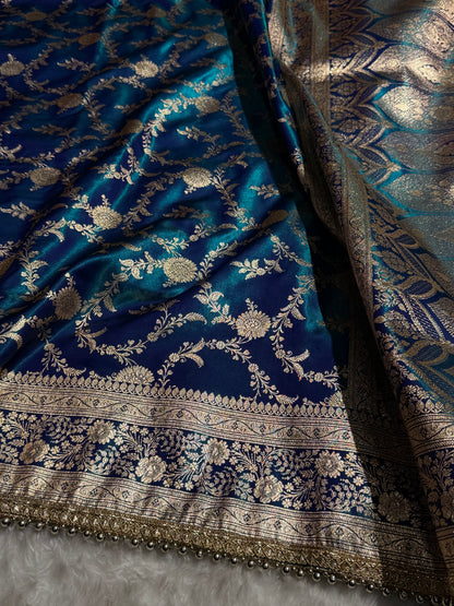 Peacock Jaal Satin Silk Saree with Gotta Patti