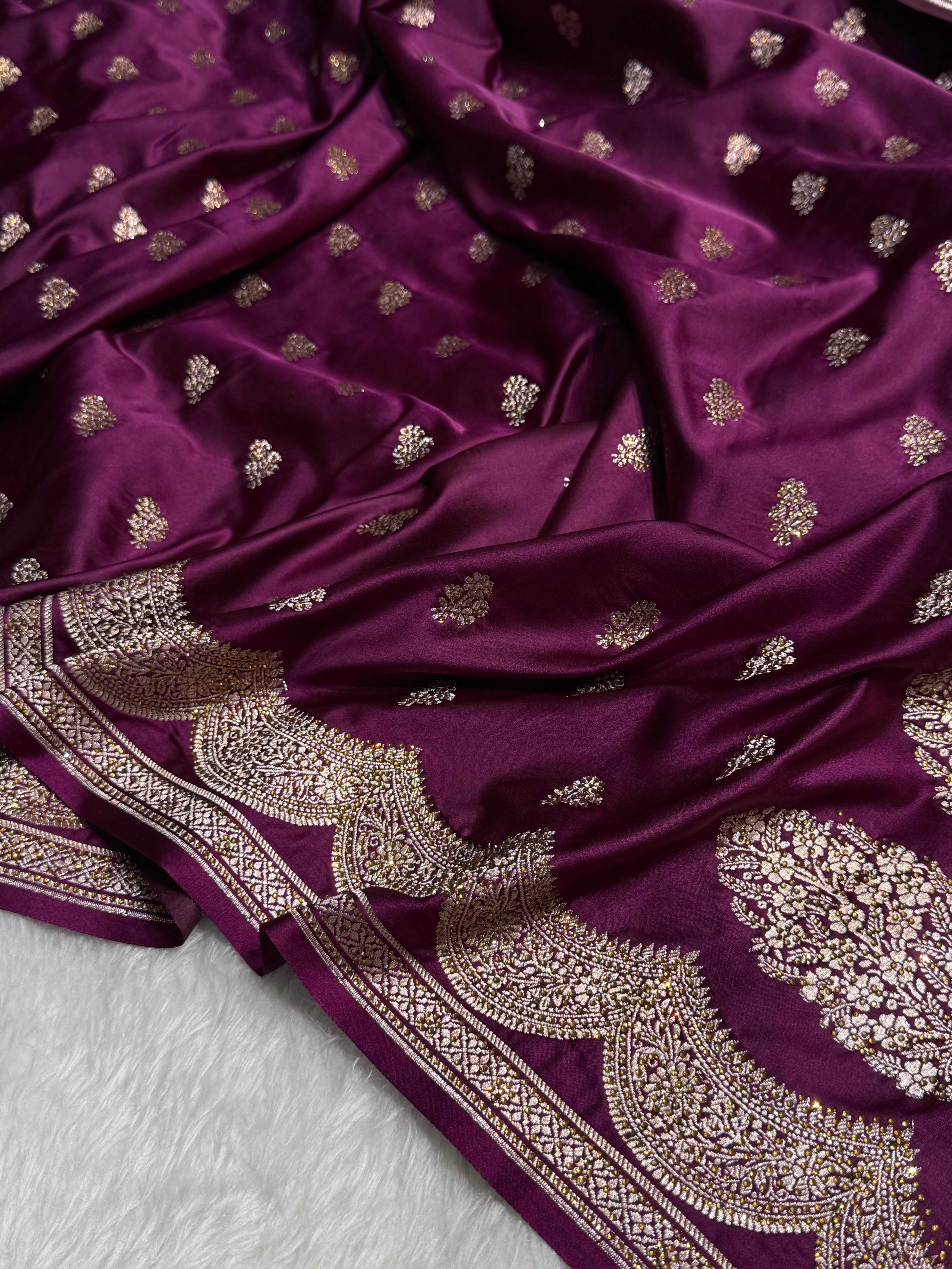 Purple Wine Scallop Mashru Silk with Swarovski work