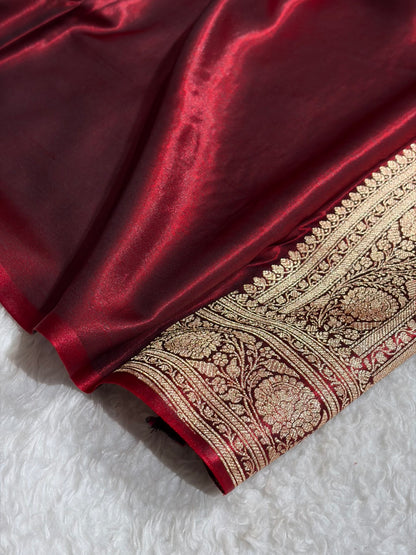 Maroon Shades Cross Pattern Banarasi Satin Silk Saree SS41