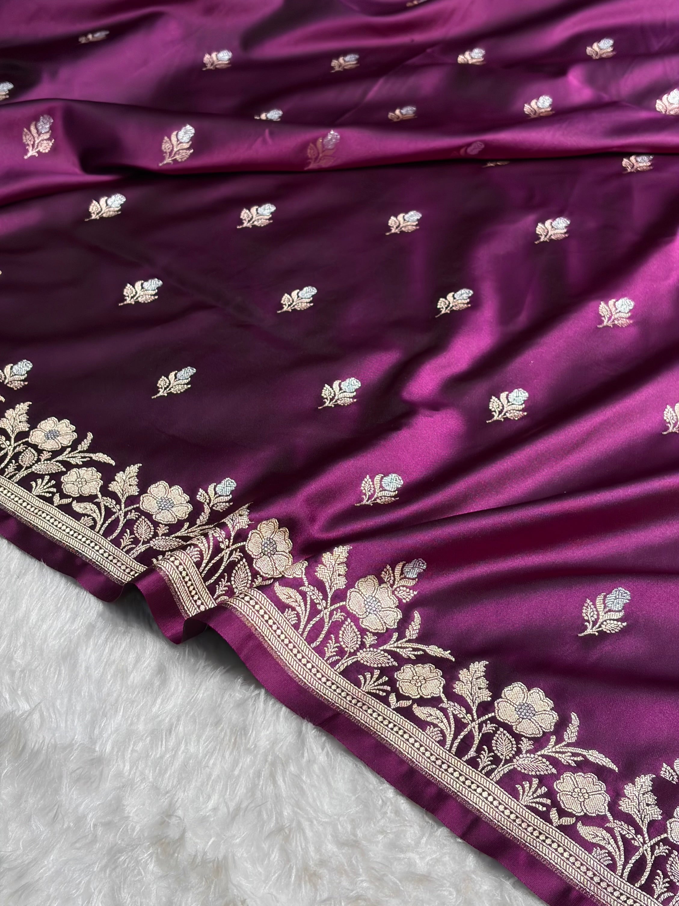 Banarasi Dark Wine Boota With Floral Border Mashru Silk Saree MSM-85