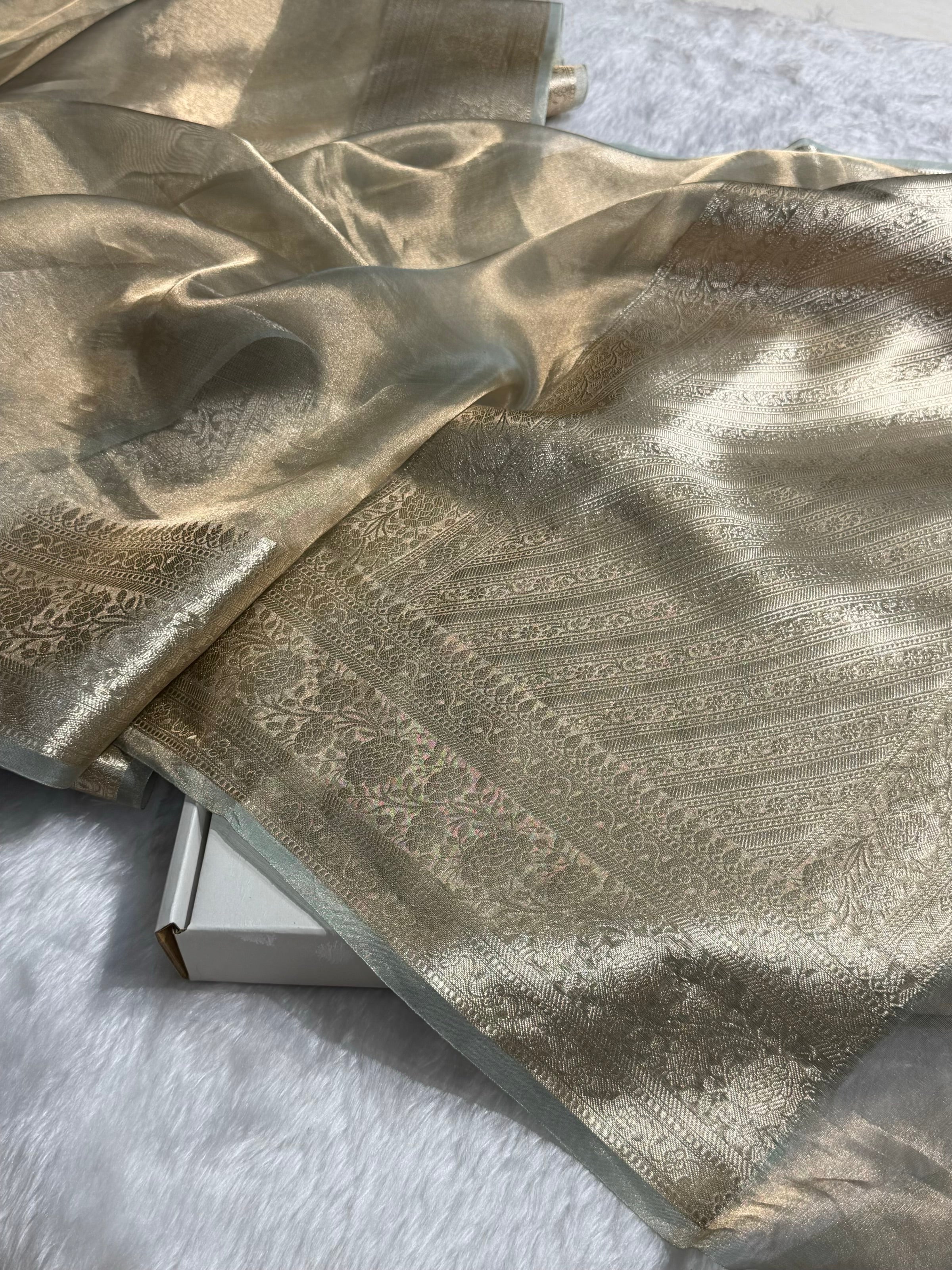 Turquoise Grey Shades Pure Tissue Silk Saree with Brocade Blouse PT-08