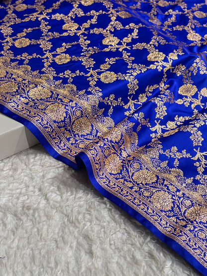 Royal Blue Shades Jaal Floral Pattern Satin Katan Silk Saree SK80