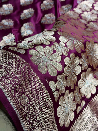 Premium Banarasi Satin Katan Saree With Minakari Boota in Wine Shades SK93