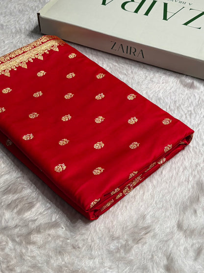 Red Floral Pattern Satin Katan Silk Saree SK76