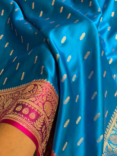 Contrast Firozi / Rani Floral Booti Banarasi Satin Katan Silk Saree SK14
