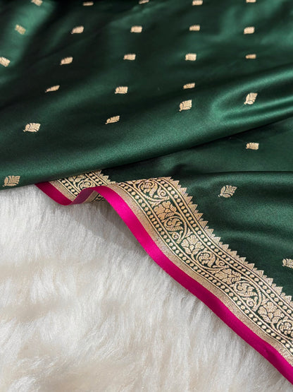 Premium Banarasi Satin Katan Saree in Dark Bottle Green Shades SK90