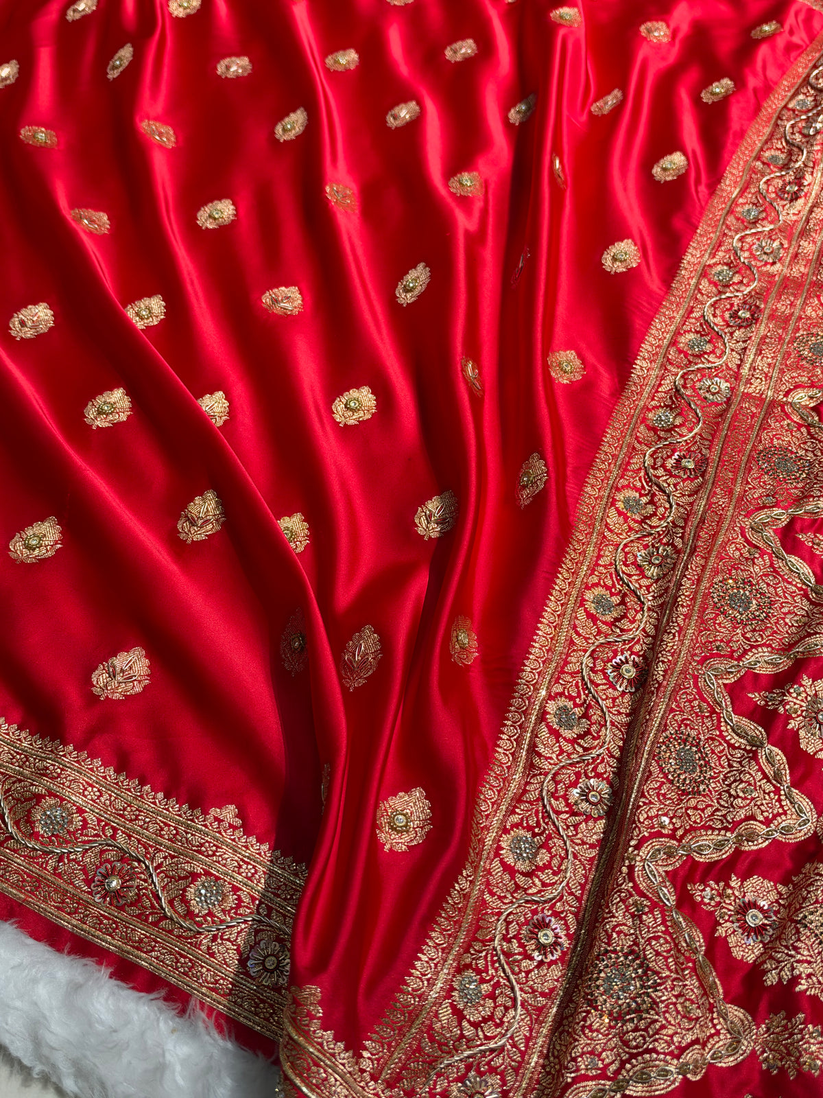 Bridal Red Banarasi Satin Katan Saree With Ari & Zardozi Work Boota BSK65