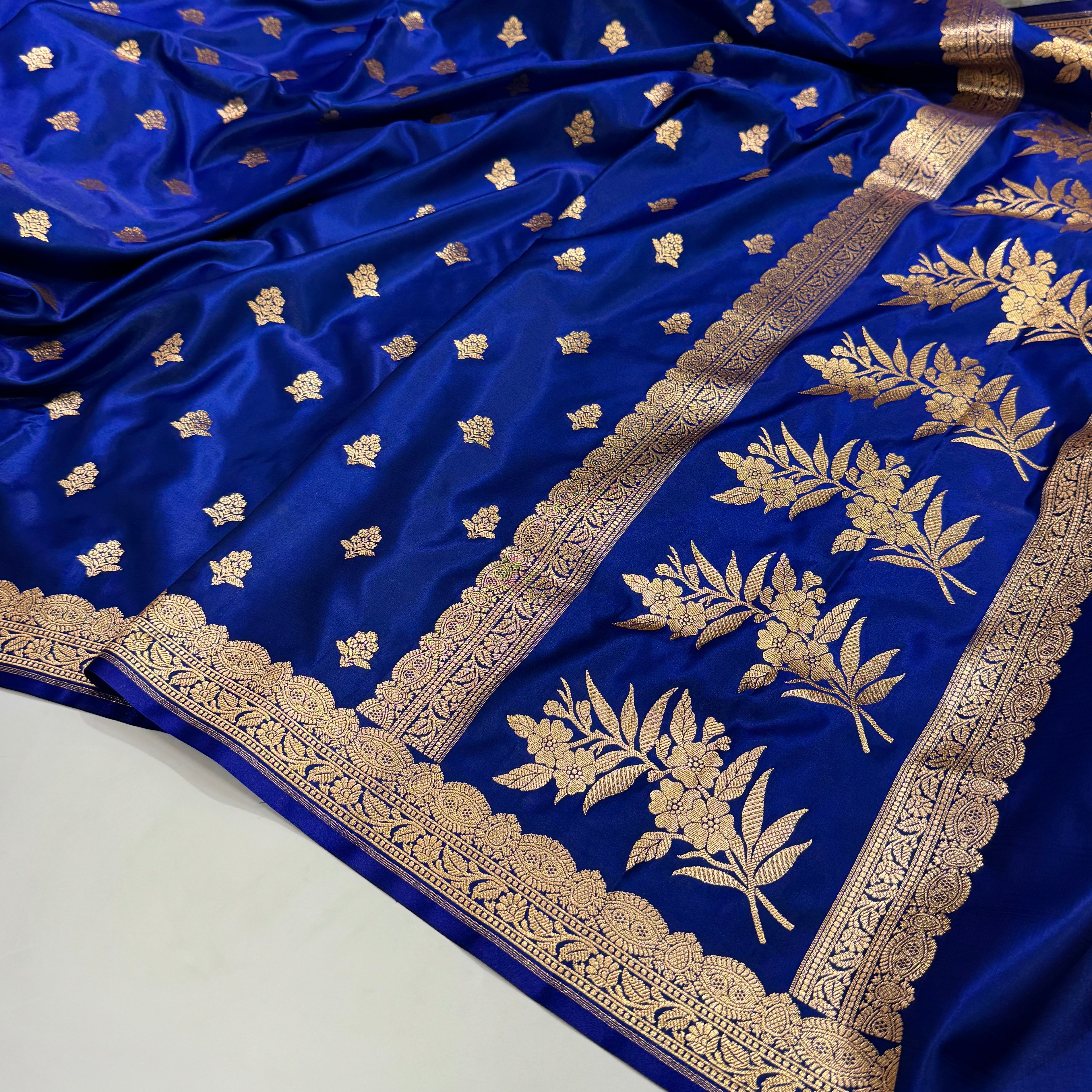 Light Wight Satin Silk Boota in royal blueShades with brocade Blouse