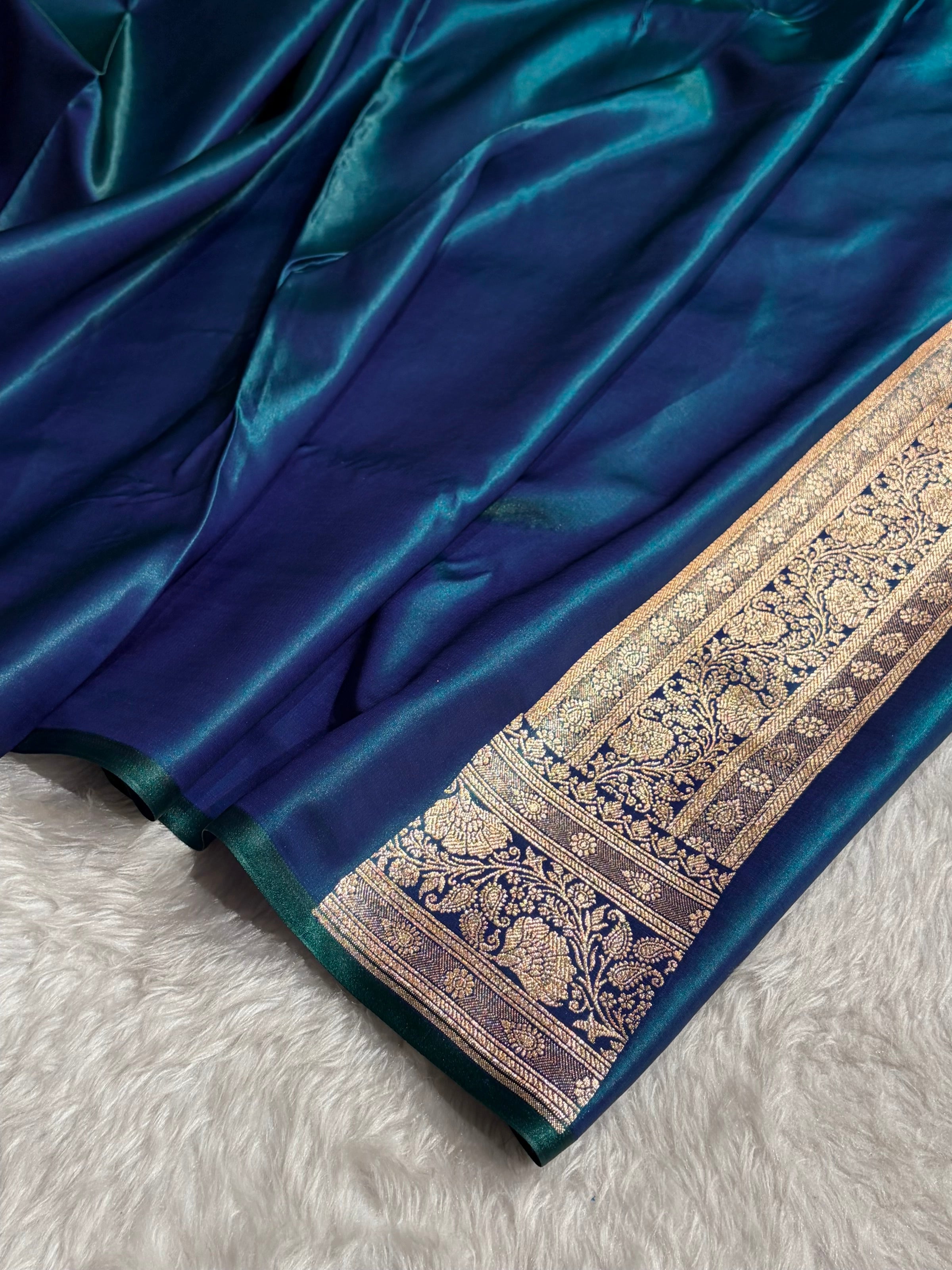 Peacock Shades Jaal Pattern Banarasi Satin Silk Saree SS49