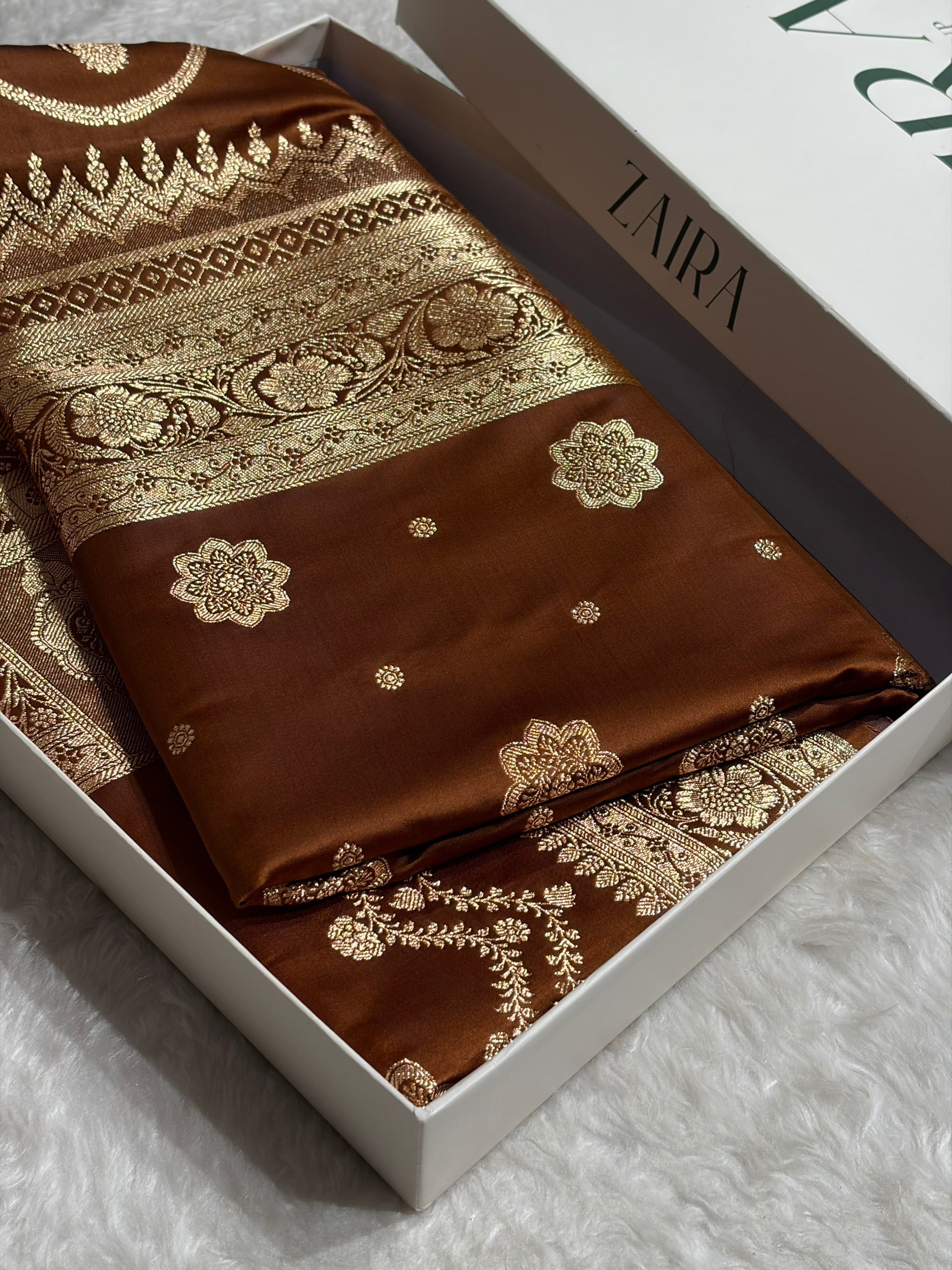 Banarasi Satin Katan Saree Floral Boota Pattern in Coffee Brown Shades SK146