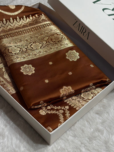 Banarasi Satin Katan Saree Floral Boota Pattern in Coffee Brown Shades SK146