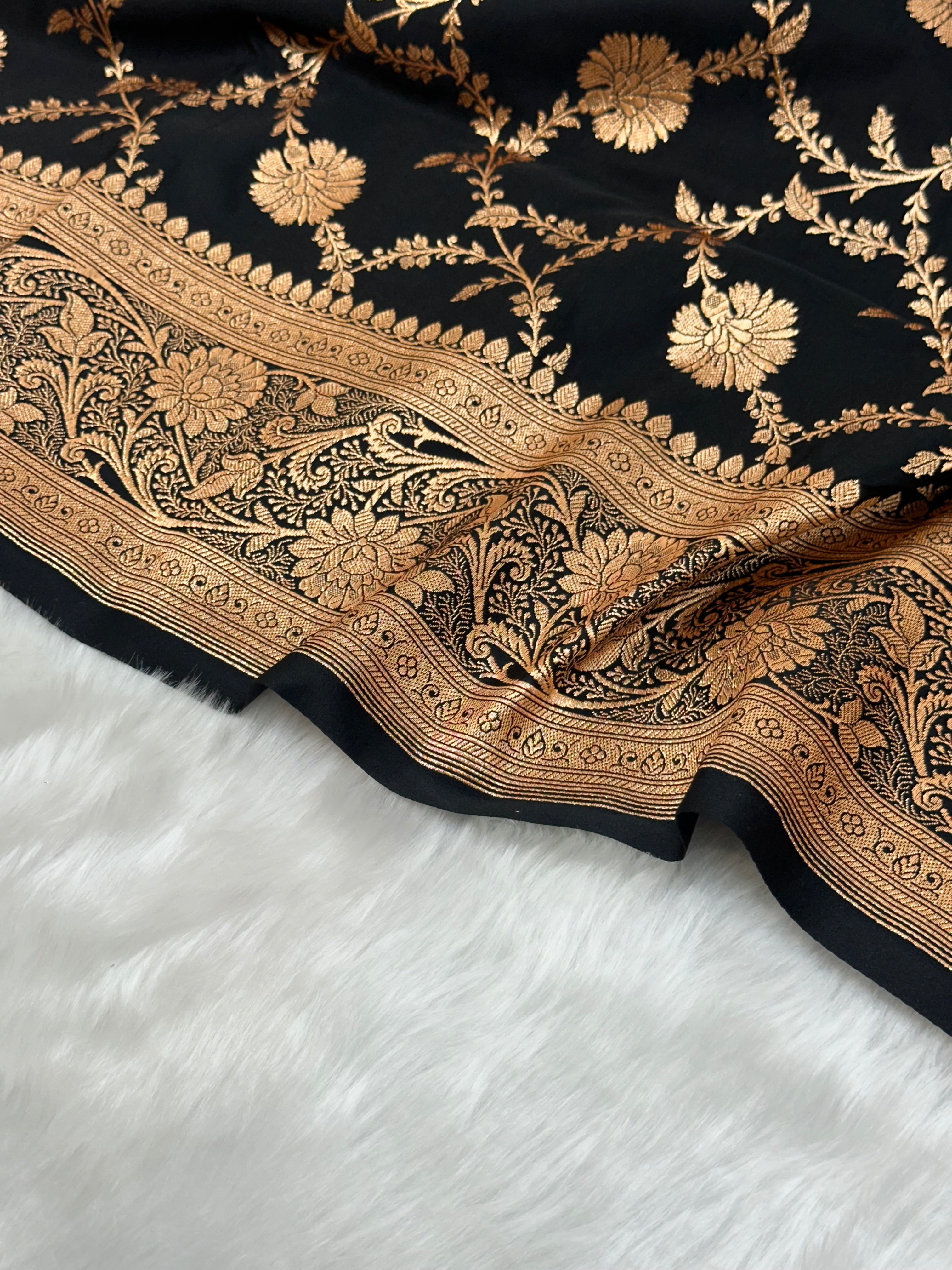 Black Floral Jaal Pattern Satin Katan Silk saree SK59
