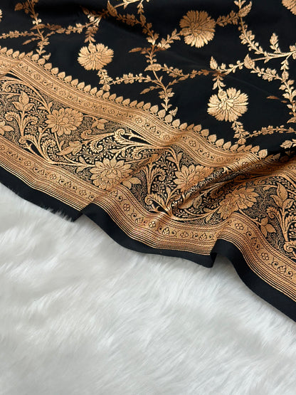 Black Floral Jaal Pattern Satin Katan Silk saree SK59