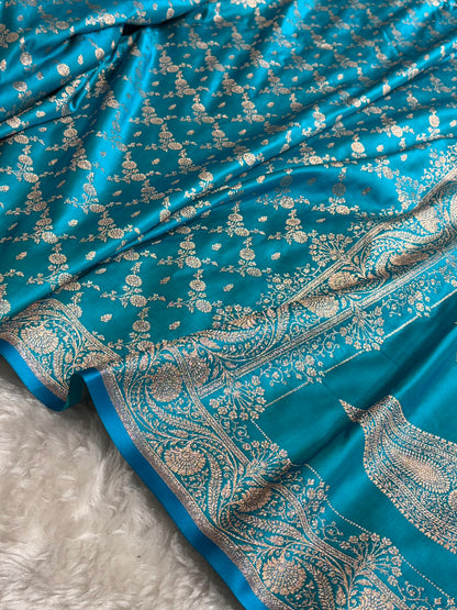 Banarasi Satin Katan Saree Jaal Pattern In Sky Blue Shades SK133