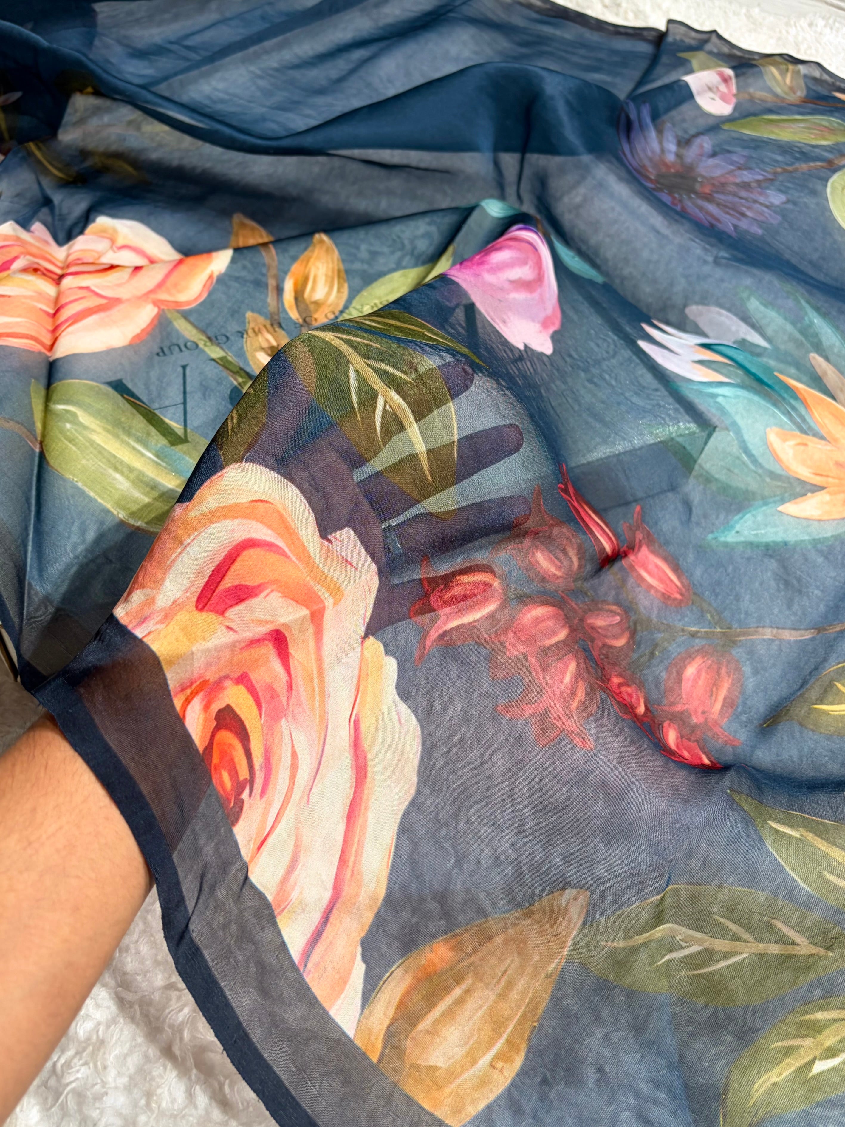 Navy Blue Organza with Pastel Multicolor Florals POP10