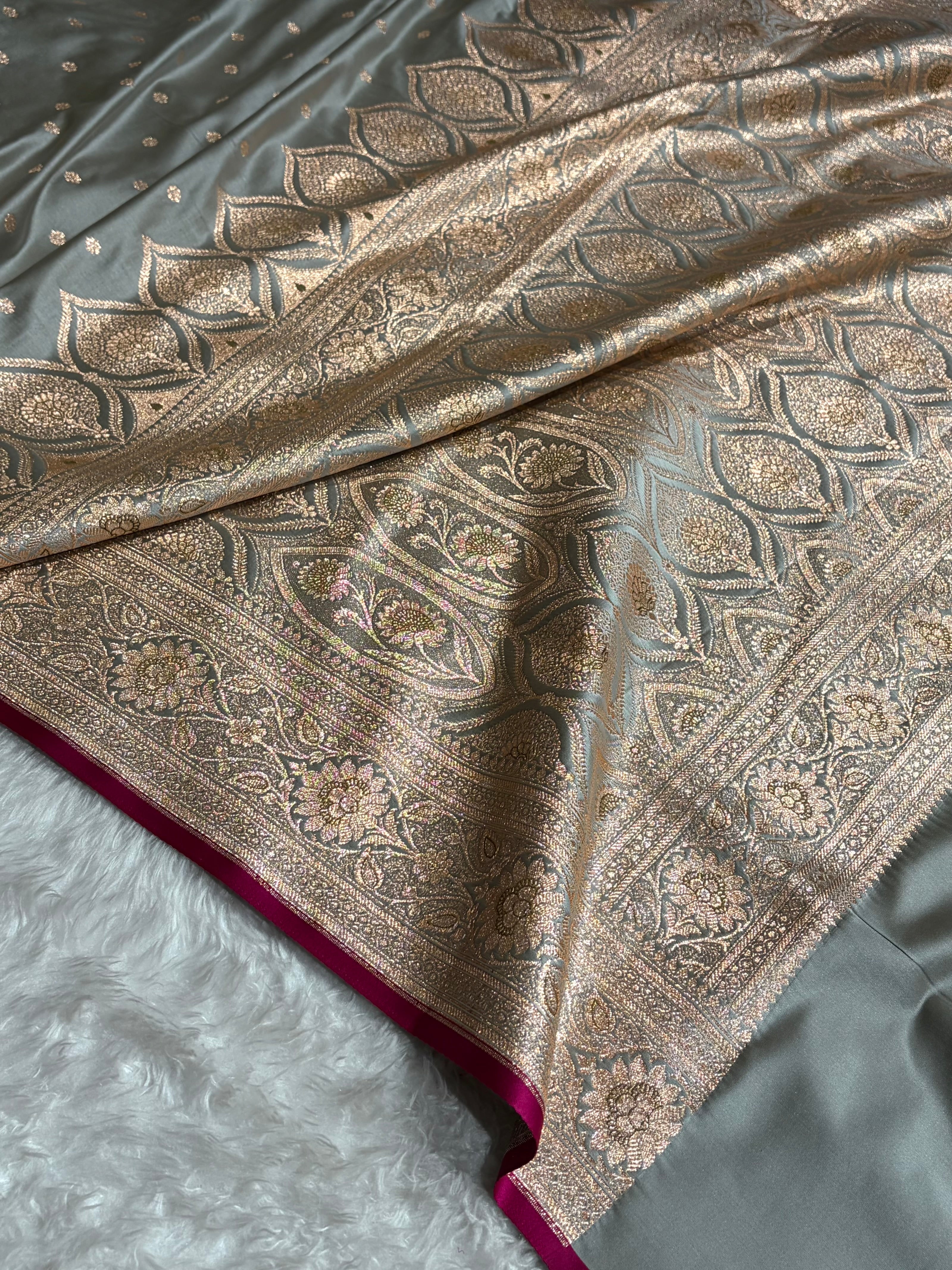 Banarasi Grey Booti Satin katan Silk Saree SK11