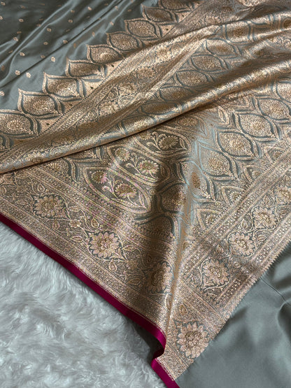 Banarasi Grey Booti Satin katan Silk Saree SK11