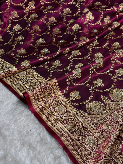 Satin Silk Saree Banarasi Swarovski Work Jaal in Wine Shades  BSS23 (R)