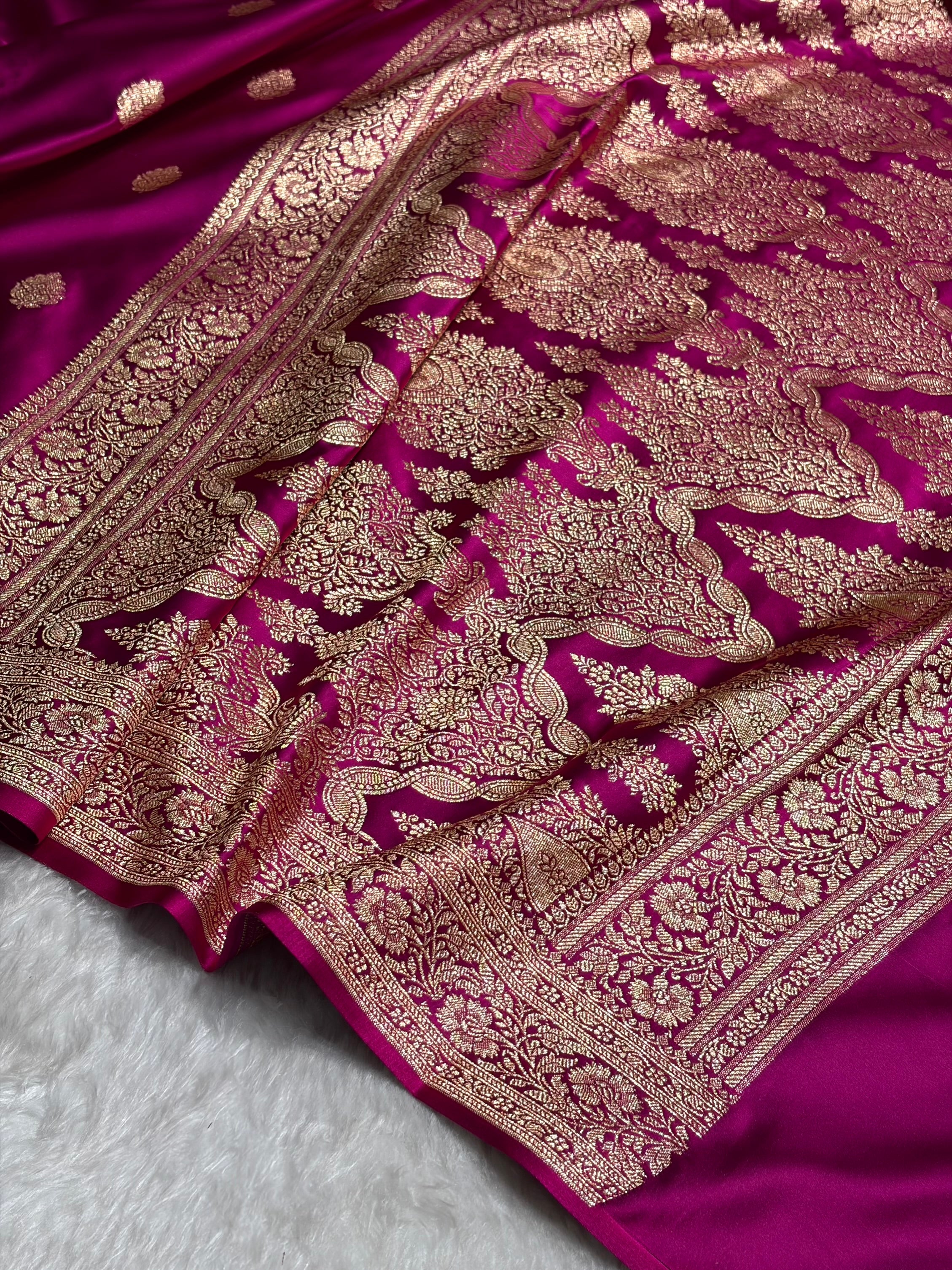 Cross Magenta Booti Pattern Satin Katan Silk Saree SK65