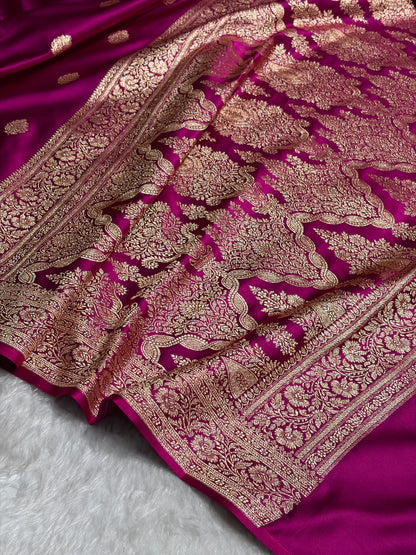 Cross Magenta Booti Pattern Satin Katan Silk Saree SK65